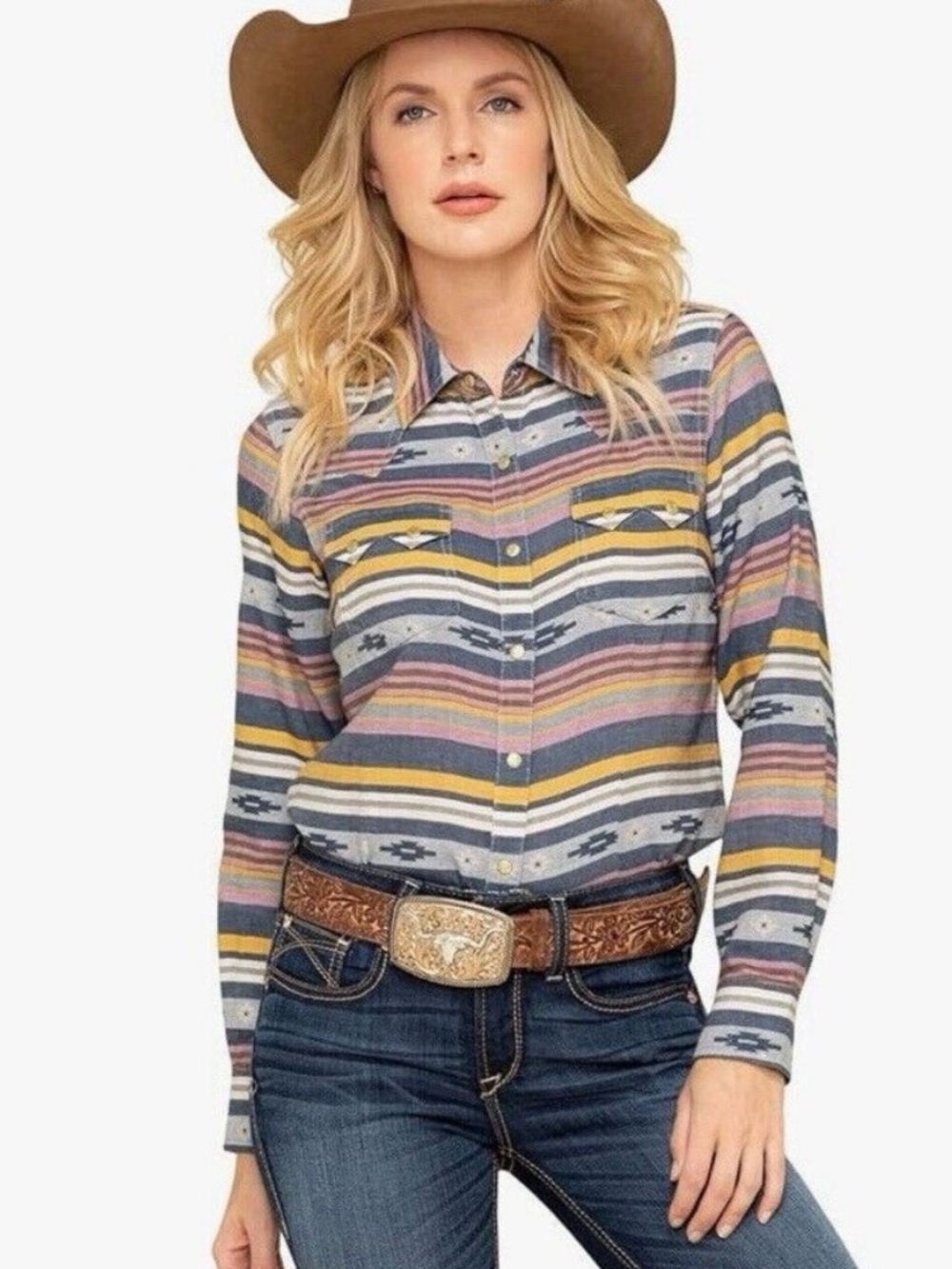 ARIAT R.E.A.L Sunset Beauty Long Sleeve Western Jacquard Stripe Shirt Sz Large